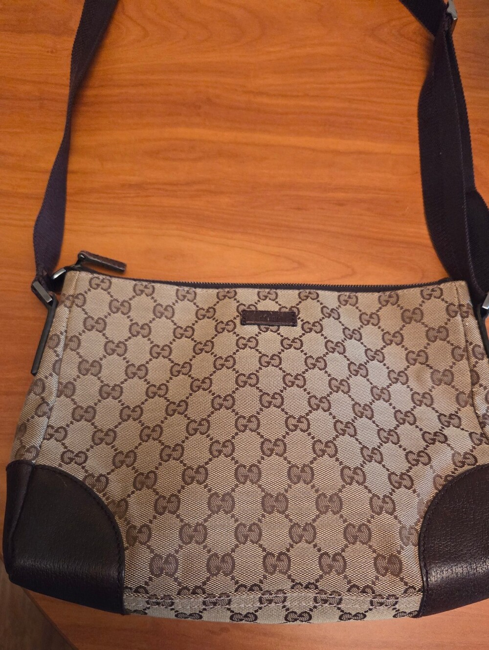 Gucci Beige Monogram Crossbody Bag with Dark Brown Trim